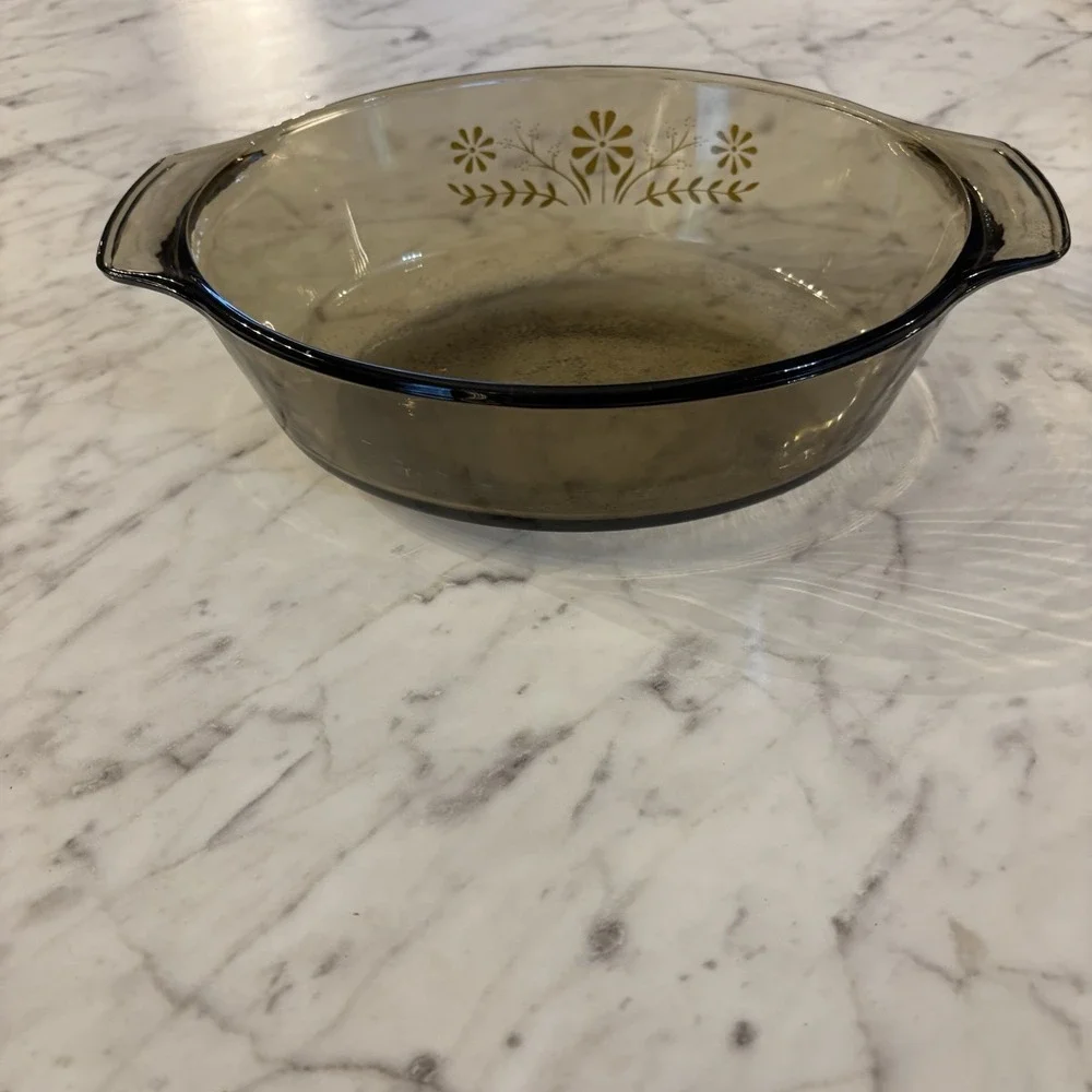 Vintage Glasbake Oval Amber Casserole Dish W Lid Yellow Daisy Flowers‎